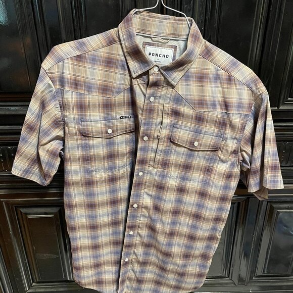 Poncho Mens Brown Plaid Short Sleeve Mens M - Picture 1 of 4